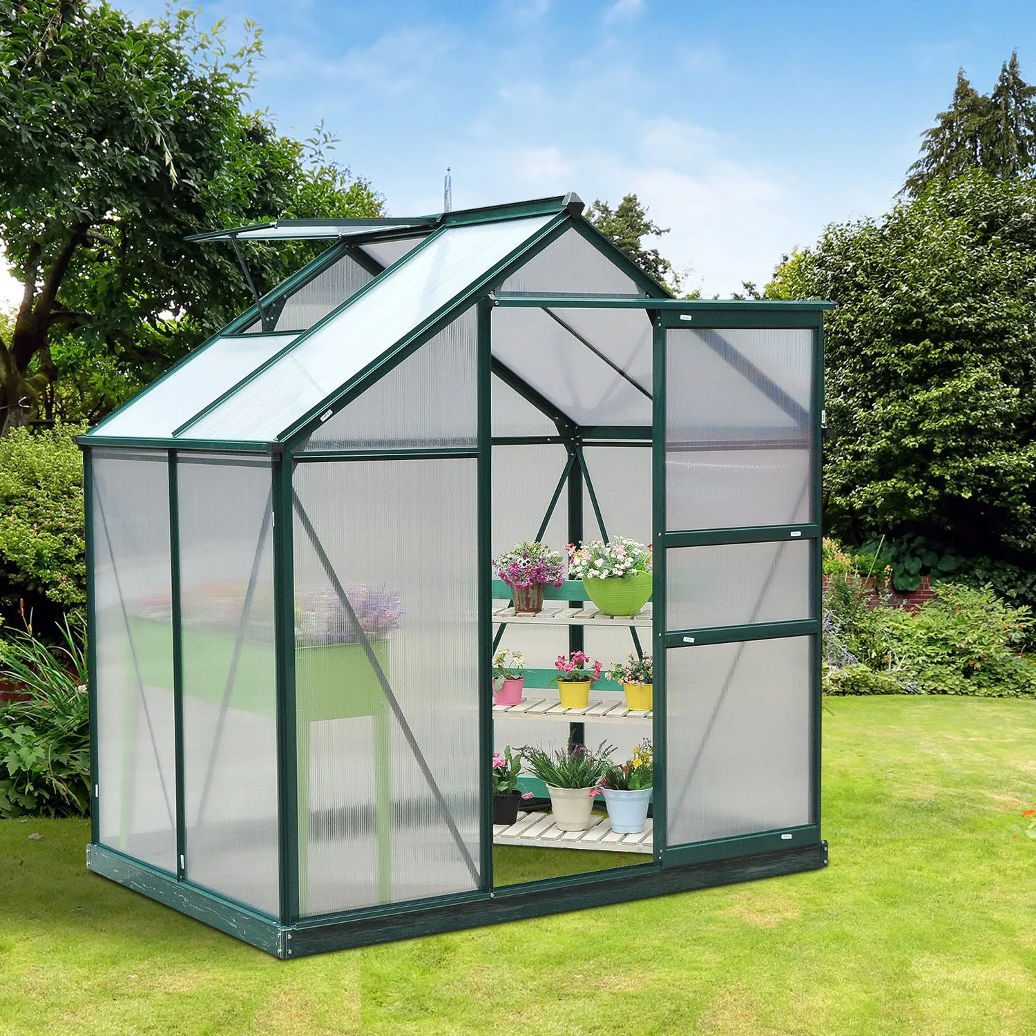 6 x 4ft Polycarbonate Greenhouse, Large Walk-In Green House with Slide Door and Window, Garden Plants Grow House with Aluminium Frame and Foundation, Green