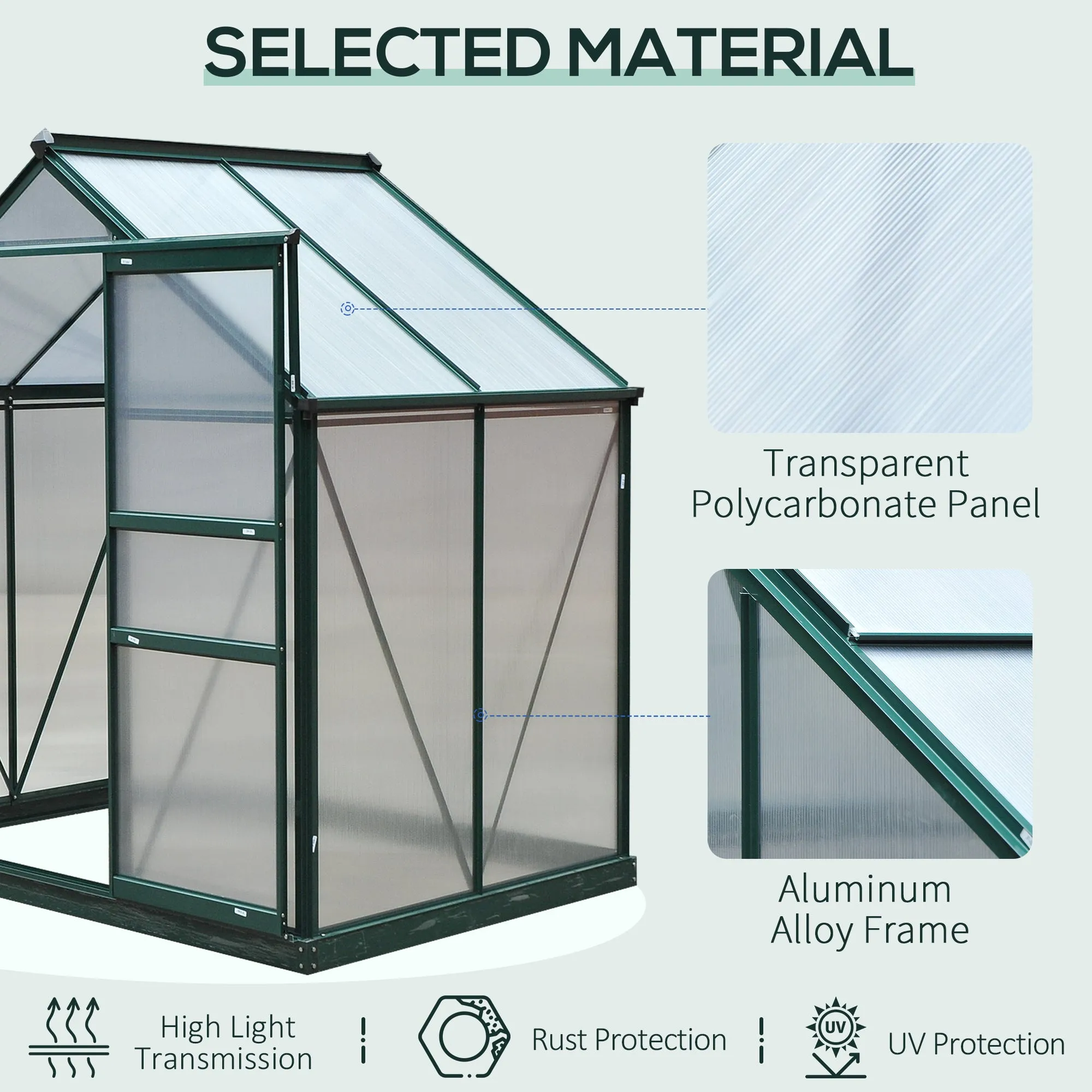 6 x 4ft Polycarbonate Greenhouse, Large Walk-In Green House with Slide Door and Window, Garden Plants Grow House with Aluminium Frame and Foundation, Green