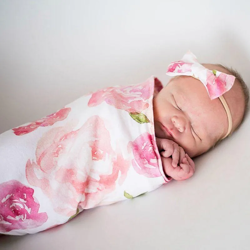 Baby Printed Photography Prop Blankets Printed Swaddle Muslin Wrap  Headband 2PCS