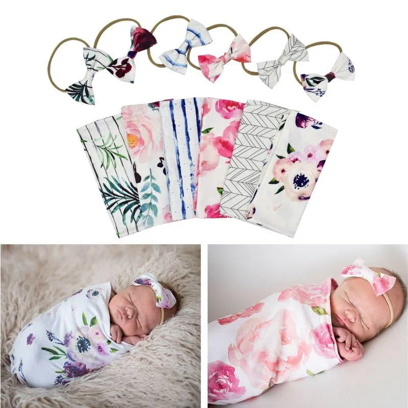 Baby Printed Photography Prop Blankets Printed Swaddle Muslin Wrap  Headband 2PCS