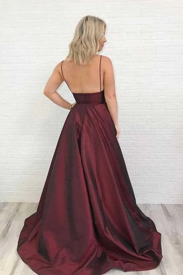 Charming Satin Prom Dress Burgundy Prom Dress V Neck Prom Dress PG671