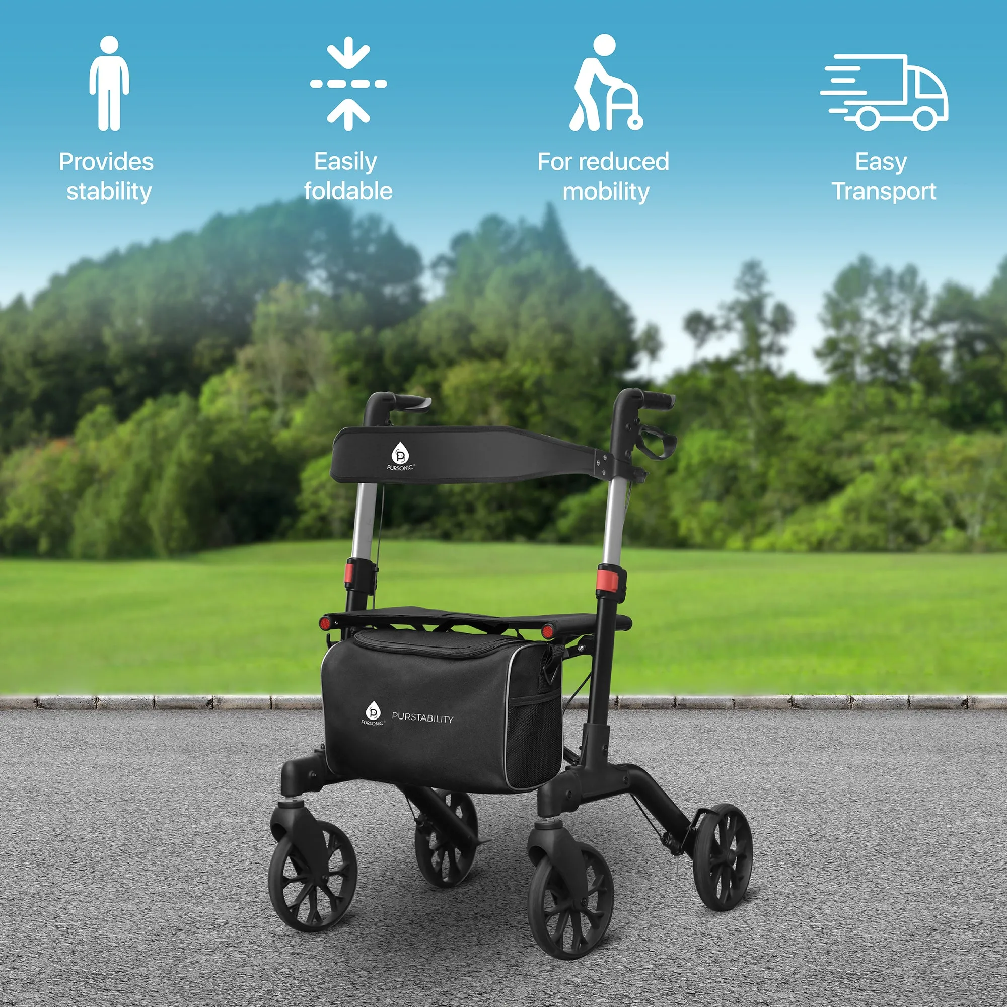 Foldable Wheeled Walker with Backrest and Bag - Adjustable Height, Lightweight, and Sturdy Design for Enhanced Mobility Support