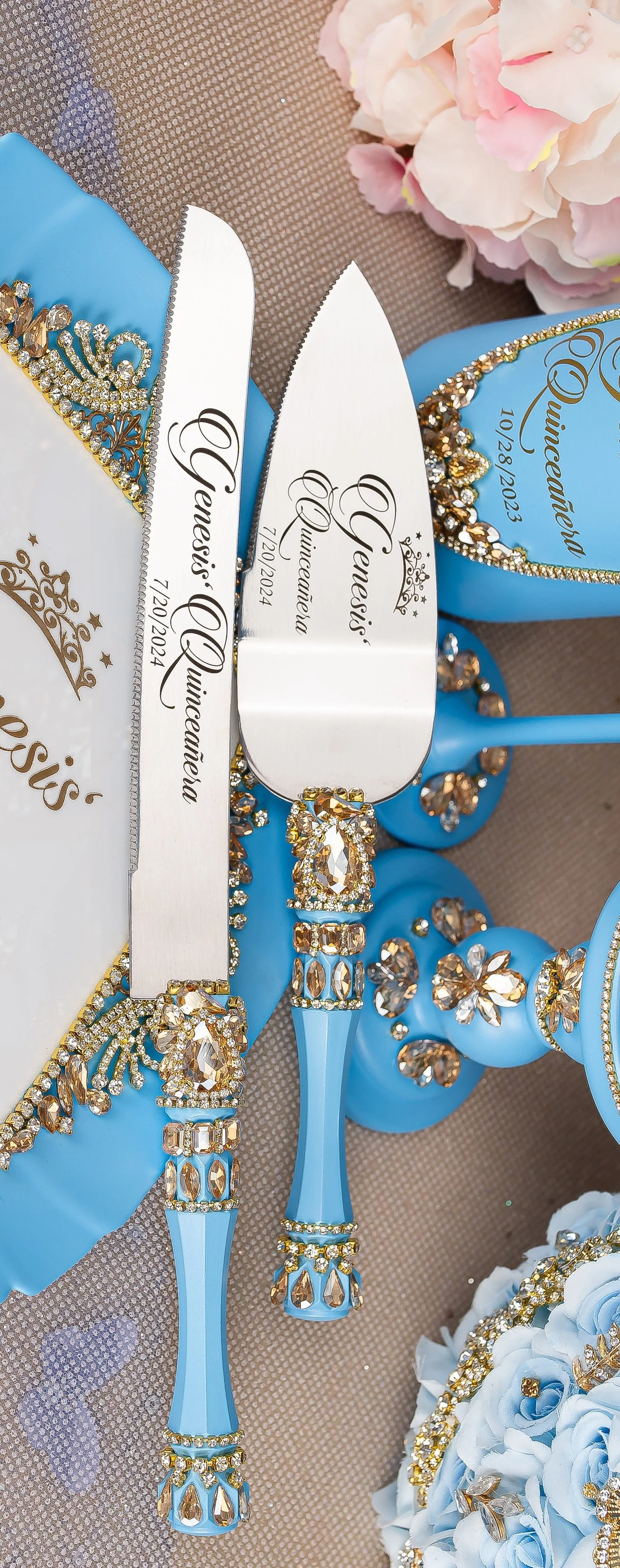 Light Blue Gold quinceanera cake knife set with 1 glass