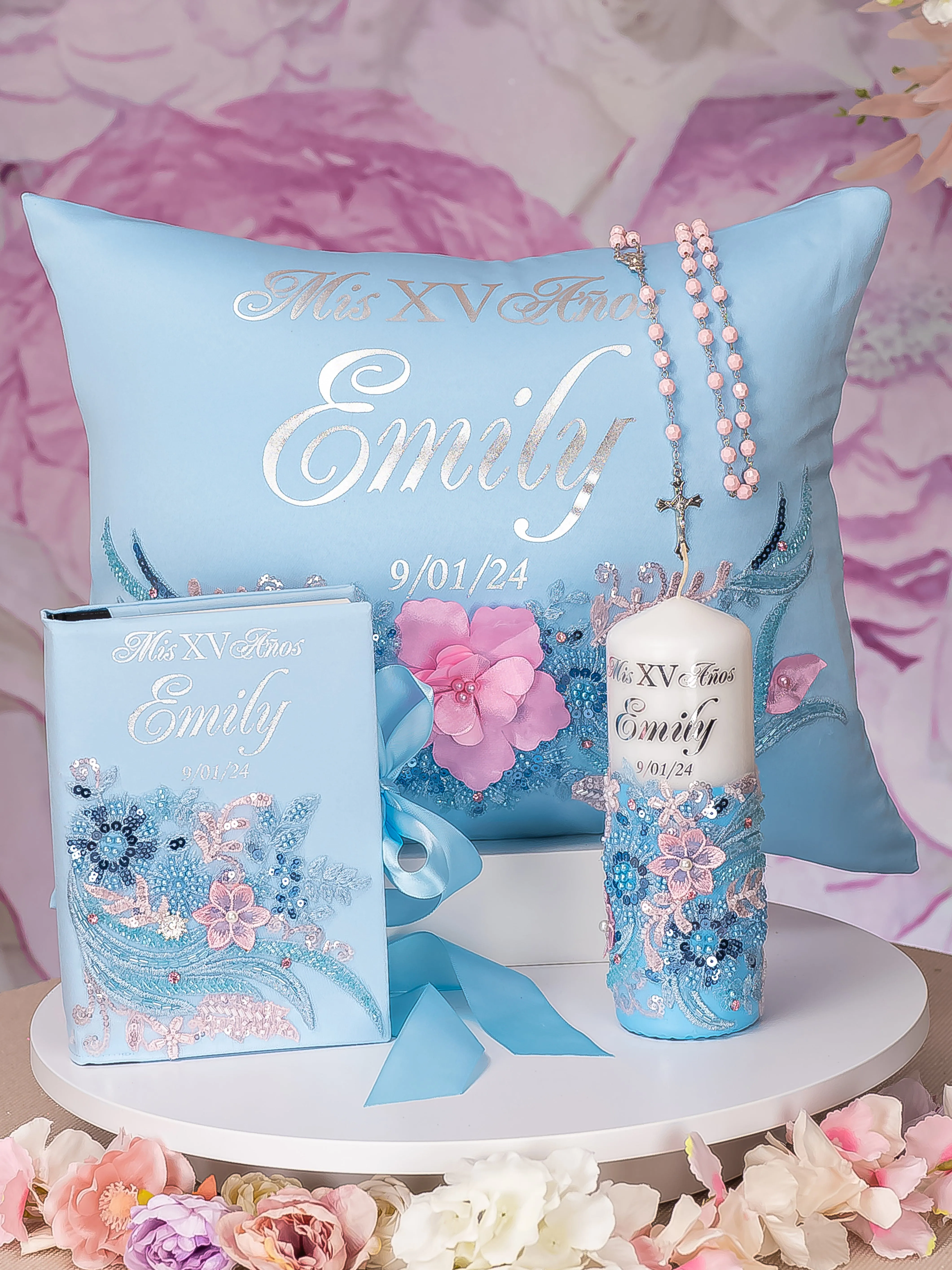 Light blue with Pink Mass Quinceanera package