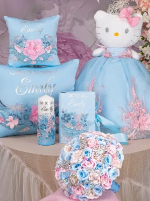 Light Blue with Pink Quinceanera pillows set, bible, candle, Kitty and bouquet 9 inches