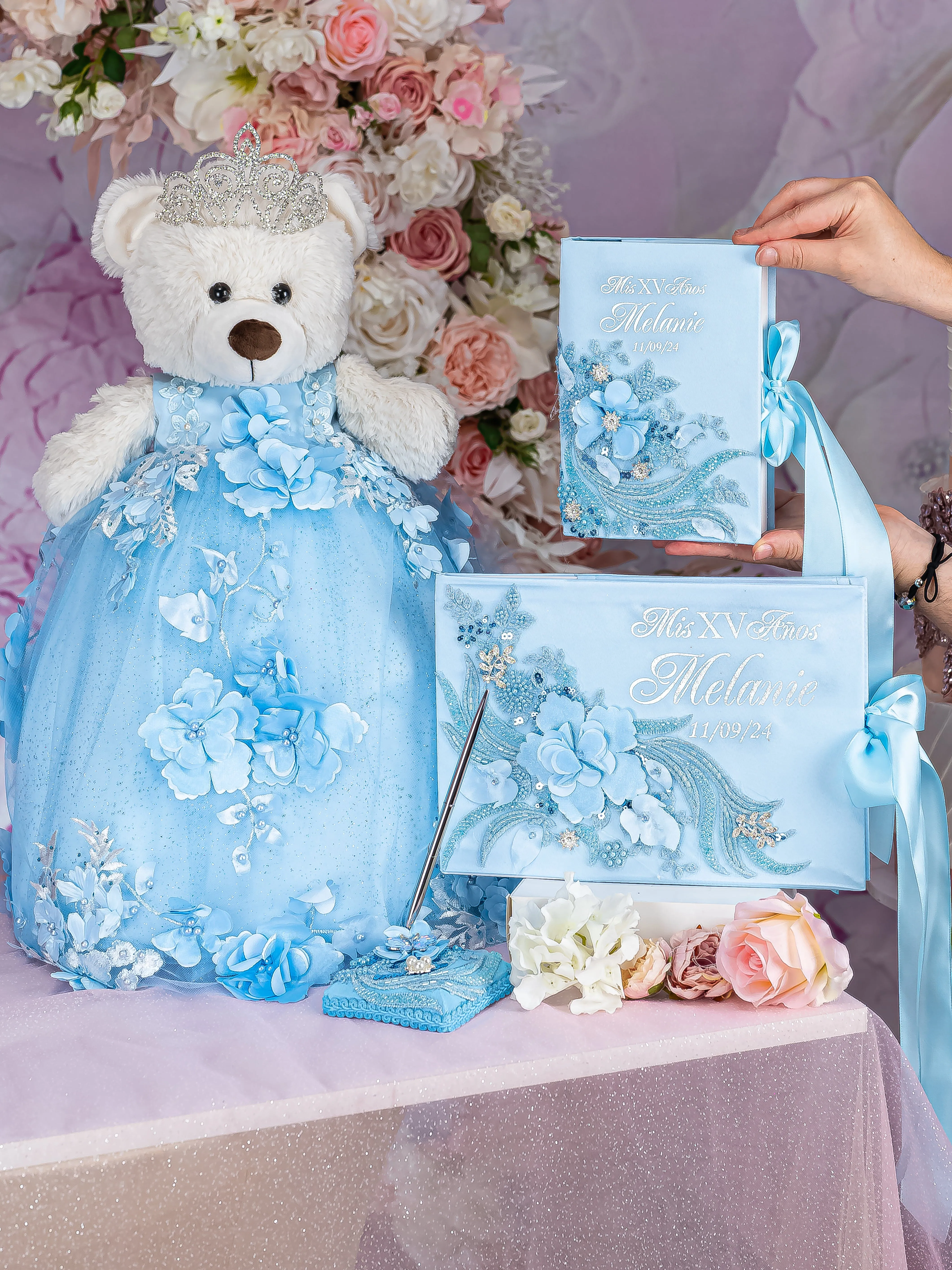 Light Blue with silver album de fotos para Quinceanera