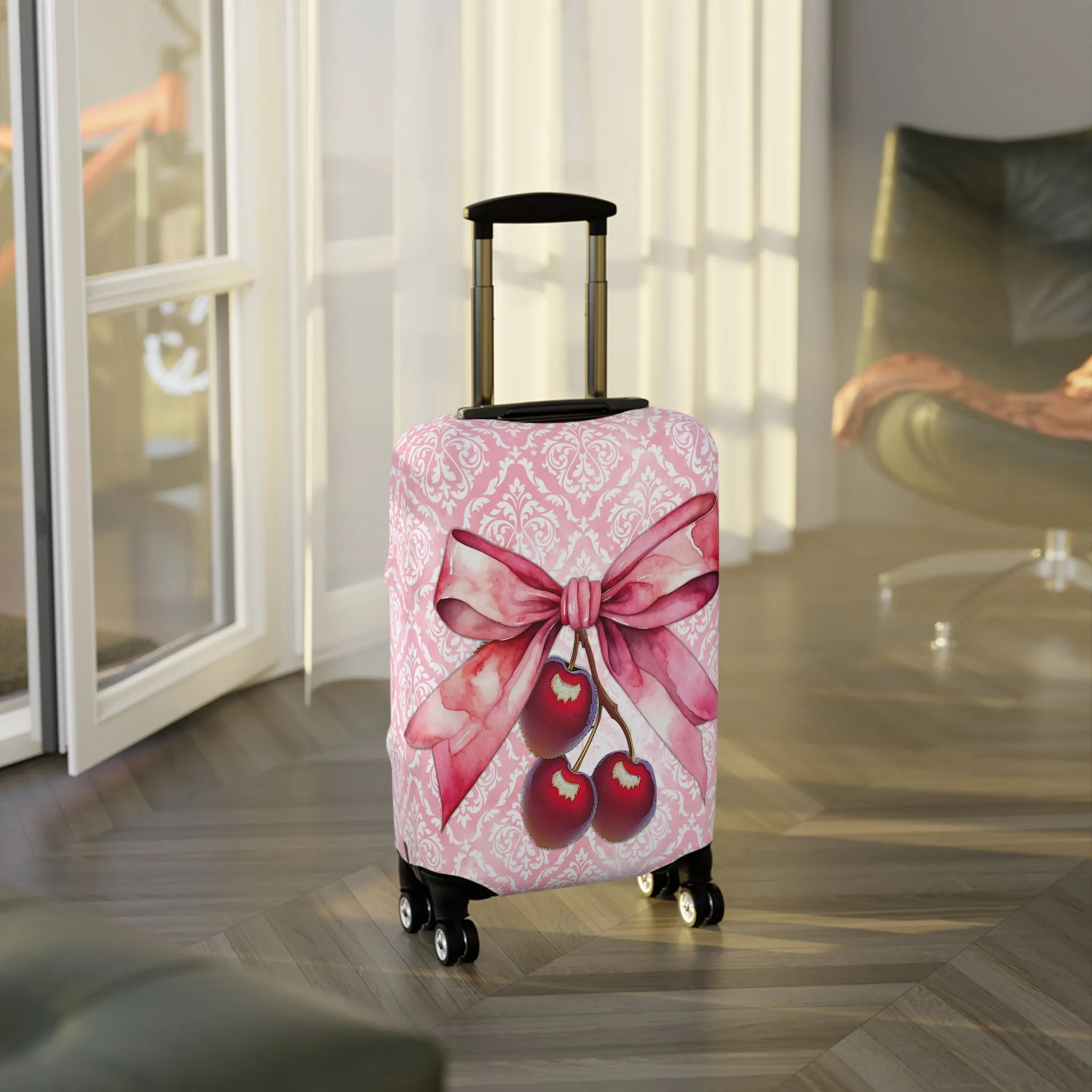 Luggage Cover, Rockabilly, Coquette, Pink Damask, Cherries and Ribbon, awd-2507