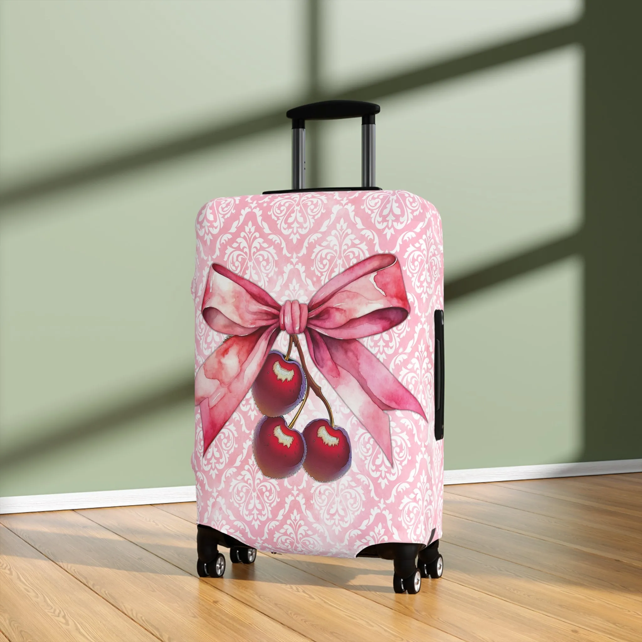 Luggage Cover, Rockabilly, Coquette, Pink Damask, Cherries and Ribbon, awd-2507