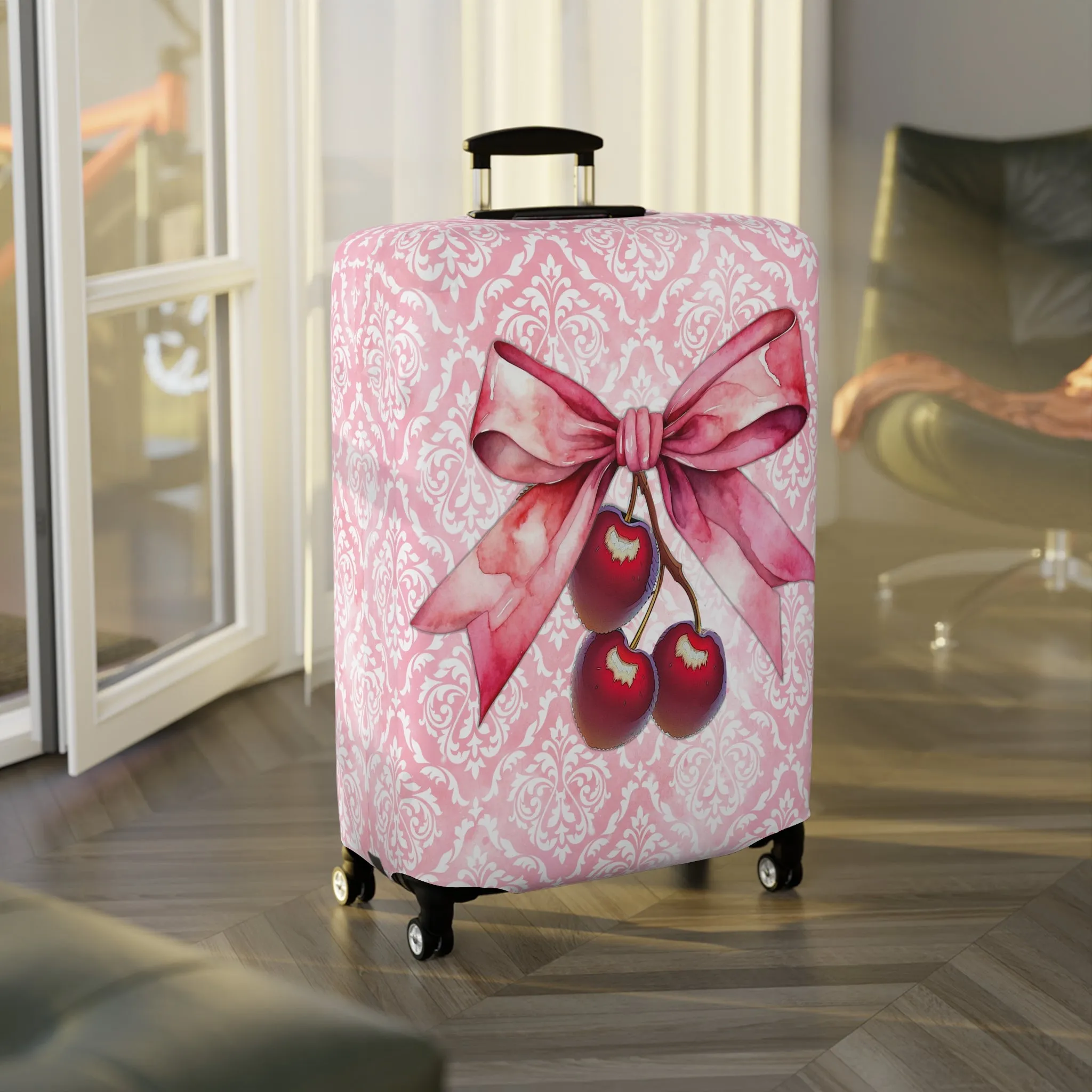 Luggage Cover, Rockabilly, Coquette, Pink Damask, Cherries and Ribbon, awd-2507