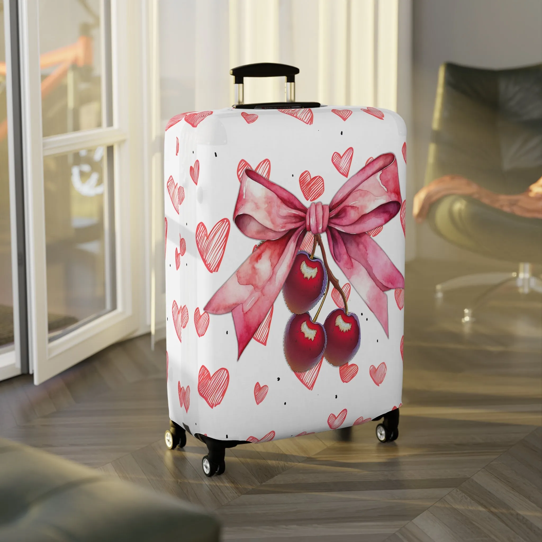 Luggage Cover, Rockabilly, Coquette, Pink Hearts Cherries and Ribbon, awd-2501