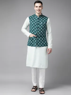 Men Teal Blue & Beige Printed Pure Cotton Kurta Pajama With Neharu Jacket