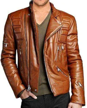 Men's Tan Color Classic Padded Stylish leather jacket