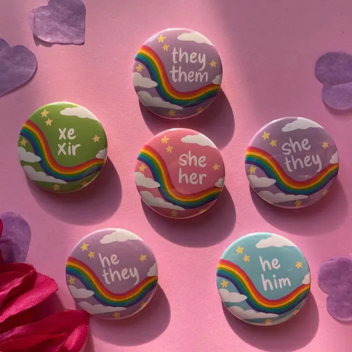 Pastel Pronoun Button with Rainbow