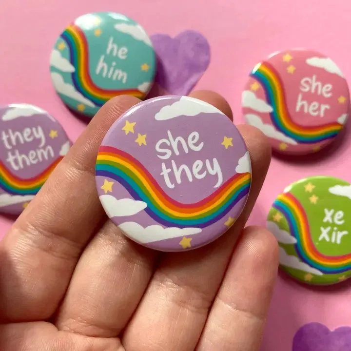 Pastel Pronoun Button with Rainbow