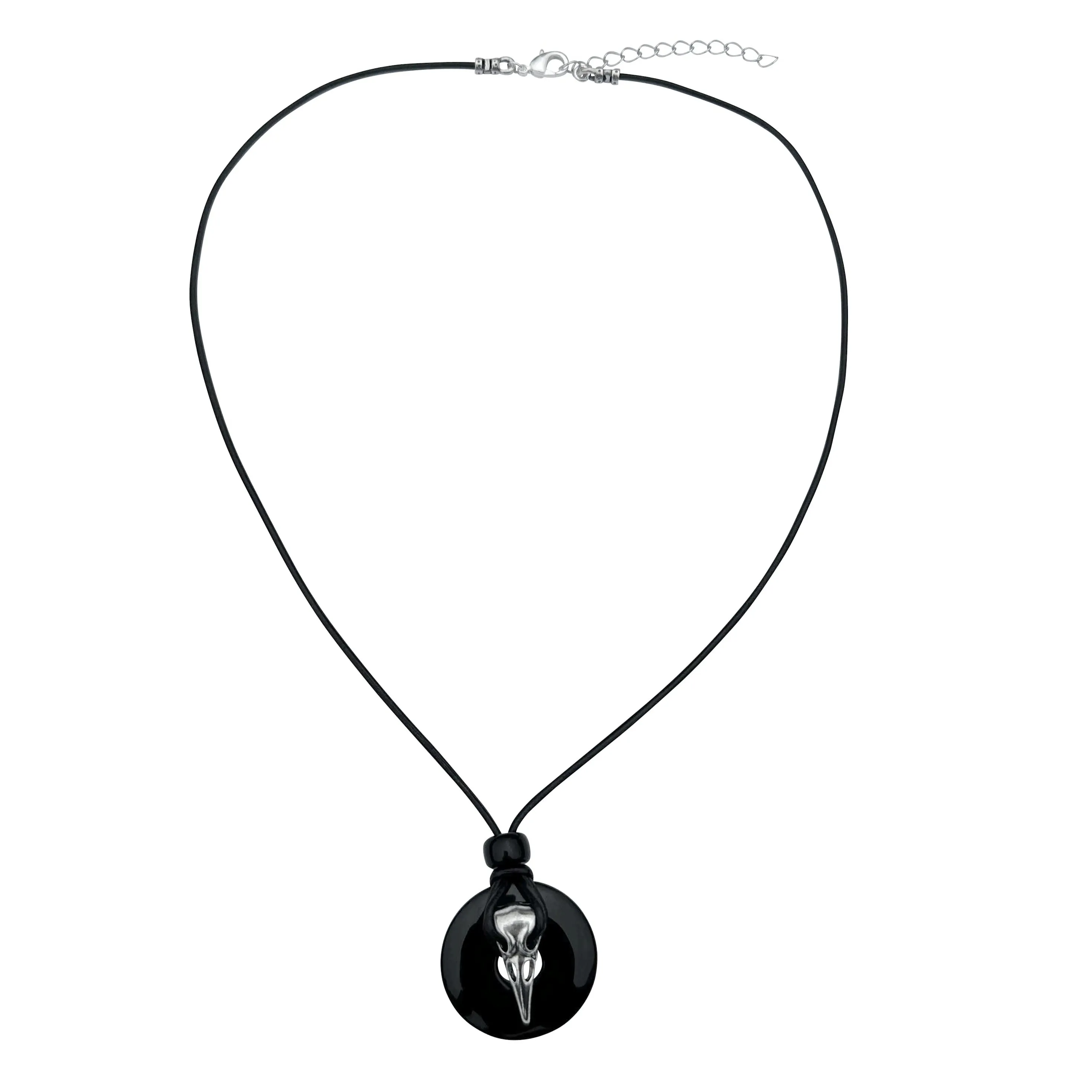 Silver Raven Skull on Black Onyx Tribal Black Leather Cord Necklace - 18 inches