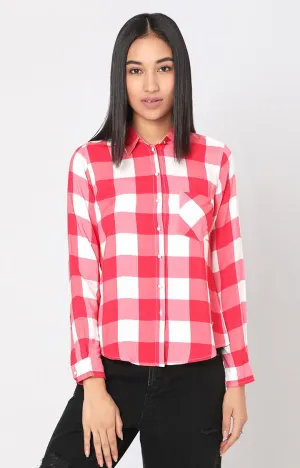 Spykar Women Pink Viscose Checks Full Sleeve Shirts