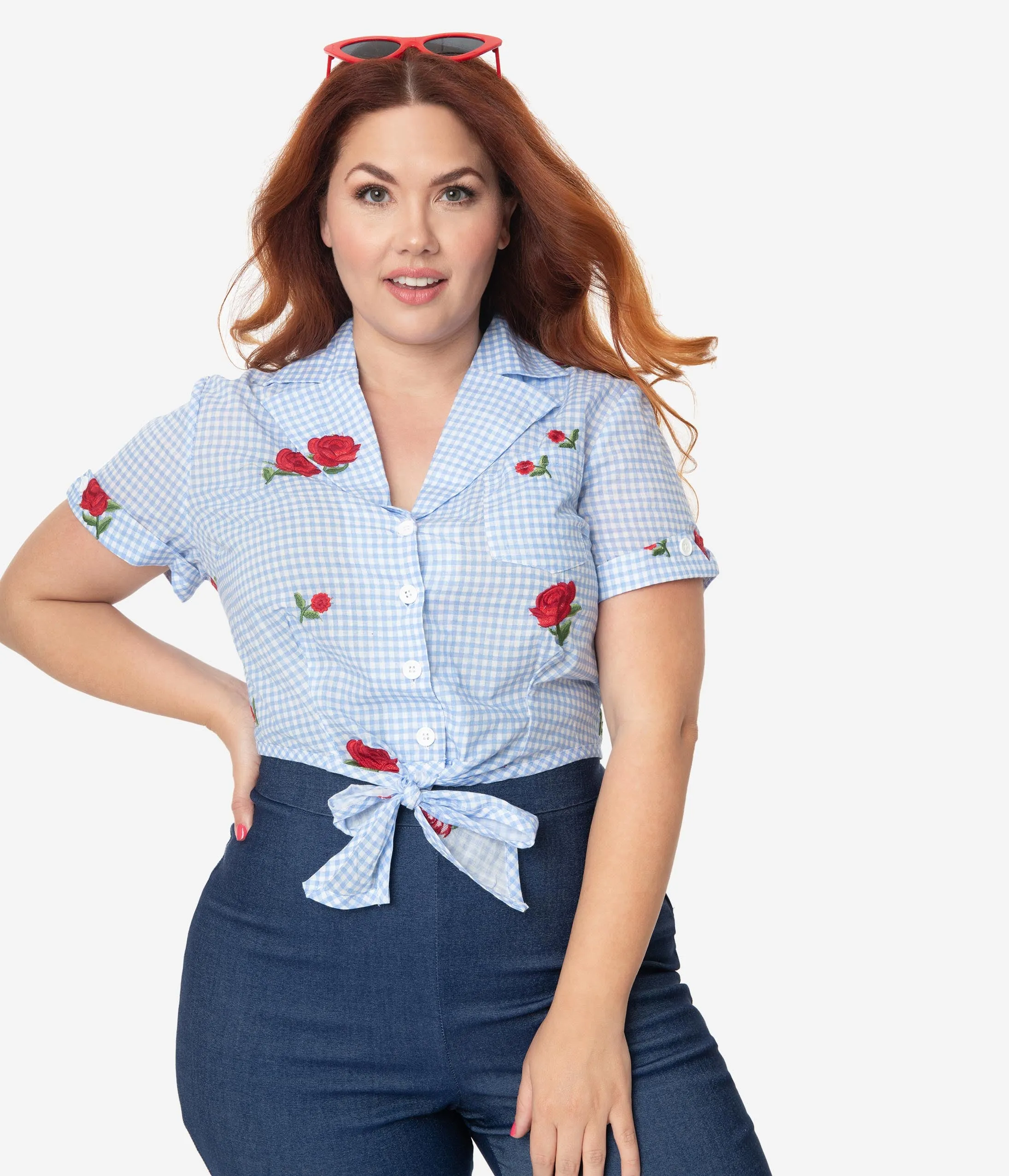 Unique Vintage Plus Size Blue Gingham & Roses Shirley Crop Top