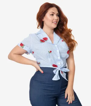 Unique Vintage Plus Size Blue Gingham & Roses Shirley Crop Top