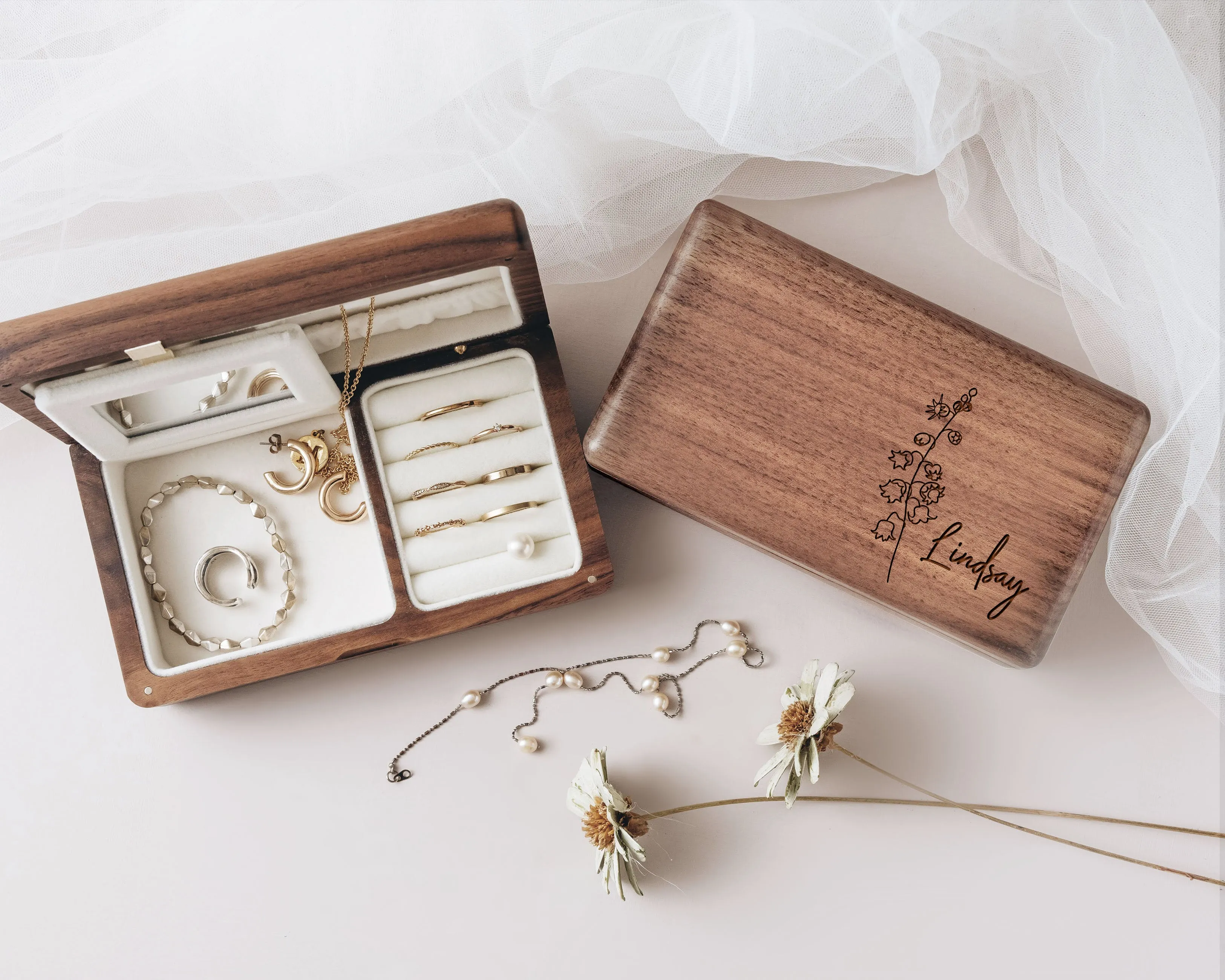 Wood Jewelry Box with Birth Flower