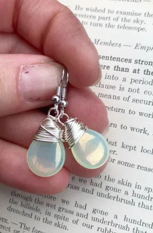 Yellow transparent teardrop Czech glass and silver wire wrapped, sterling silver earrings.